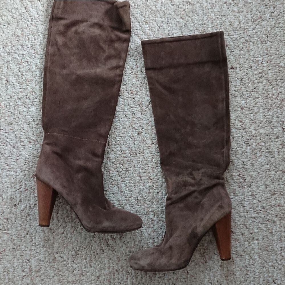 Joie brown knee high leather pull on boots wood block heel size 36.5